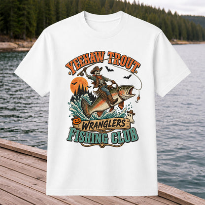 Yeehaw Trout Wranglers Fishing Club Halloween Skeleton Cowboy T-Shirt