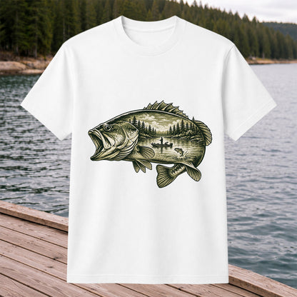 Vintage Bass Lake Fishing Scene Graphic T-Shirt
