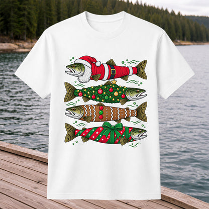 Christmas Trout Santa Tree and Gift Wrap Fishing T-Shirt