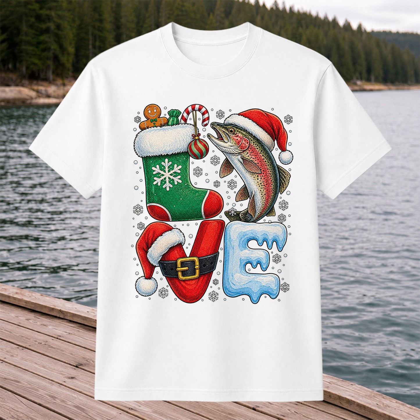 Christmas LOVE Rainbow Trout and Stocking Fishing Graphic T-Shirt