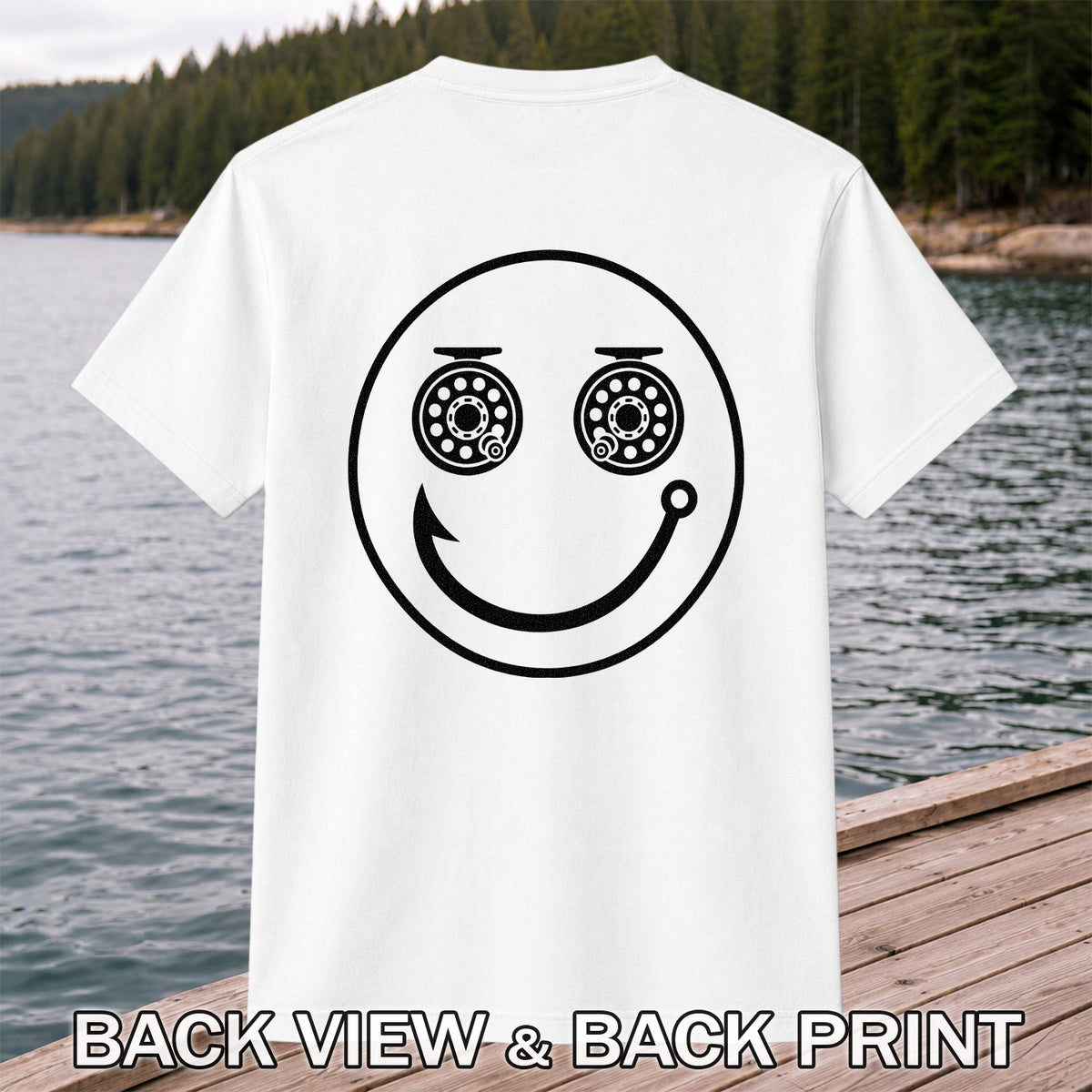 Fishing Reel Eyes Smiley Face Minimalist Graphic T-Shirt | Back Print