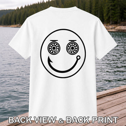 Fishing Reel Eyes Smiley Face Minimalist Graphic T-Shirt | Back Print