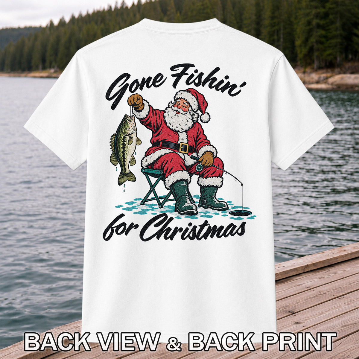 Santa Fishing with Bass Christmas Graphic T-Shirt | Back Print