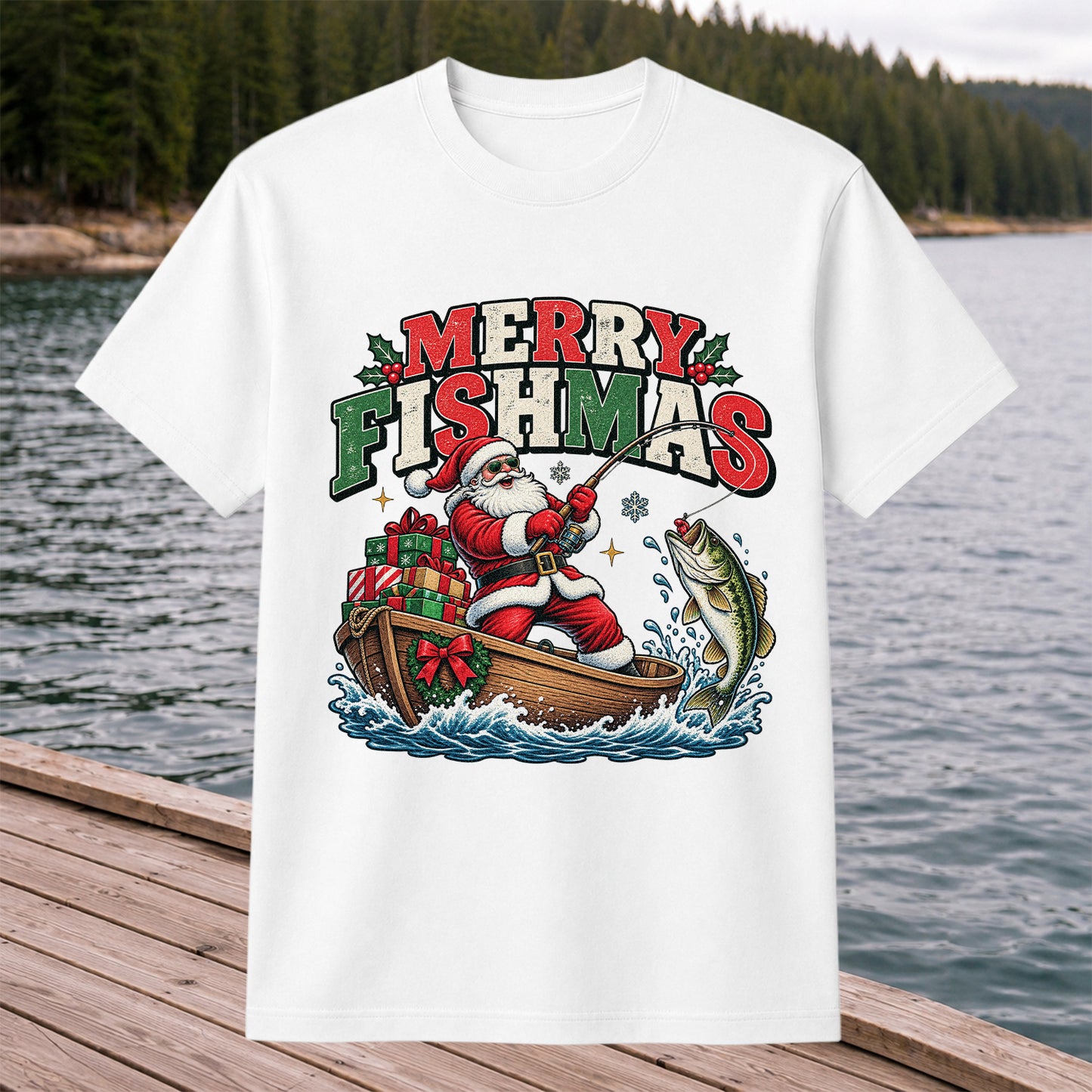 Merry Fishmas Santa Fishing for Bass Christmas Graphic T-Shirt
