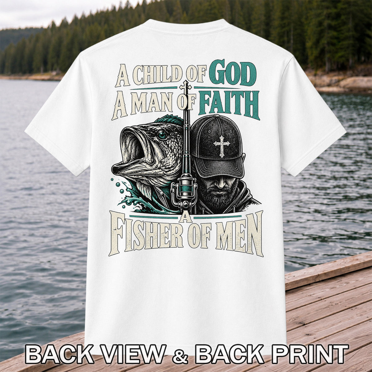 A Child of God A Man of Faith A Fisher of Men Bass Fishing T-Shirt | Back Print
