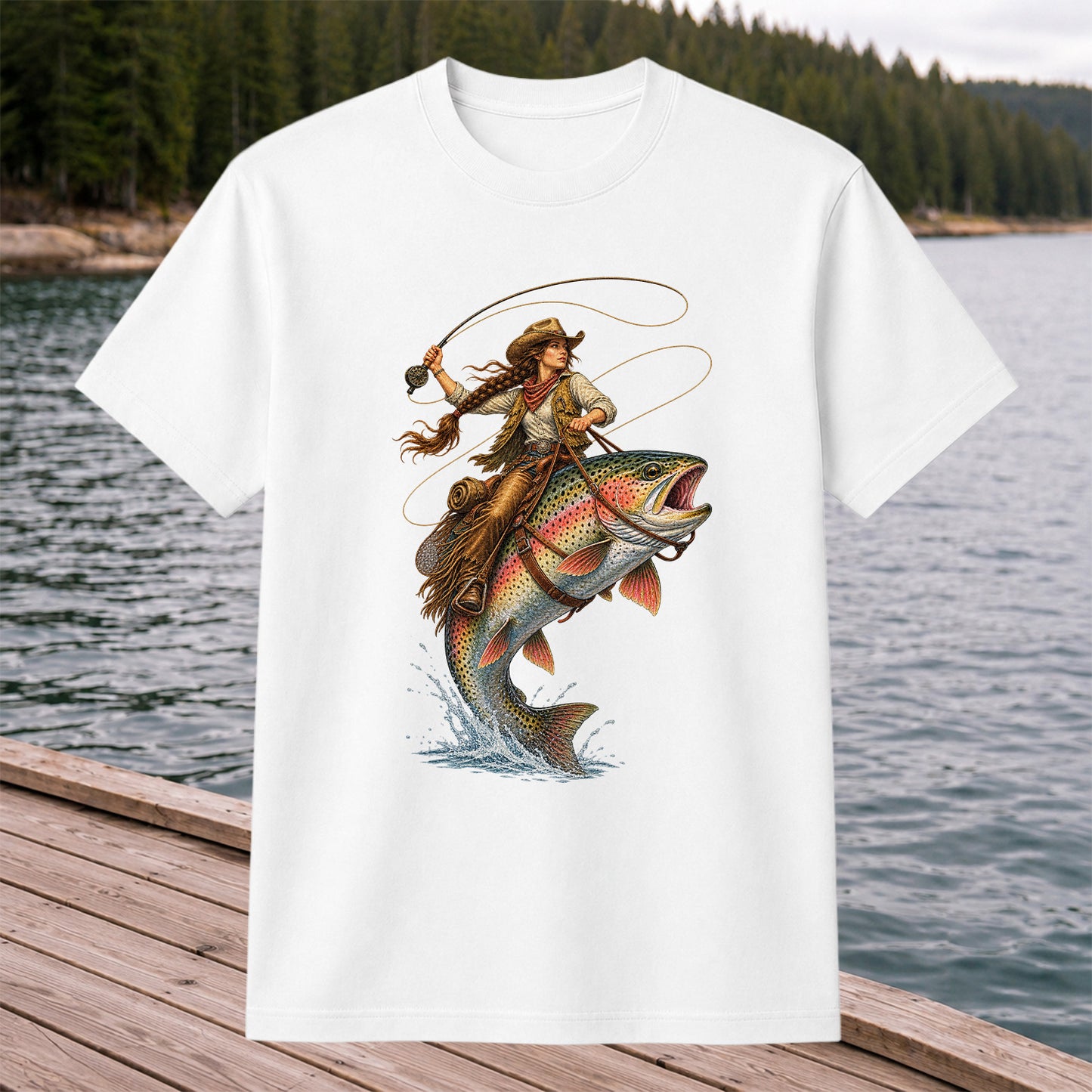 Western Cowgirl Riding a Rainbow Trout Fly Fishing Graphic T-Shirt