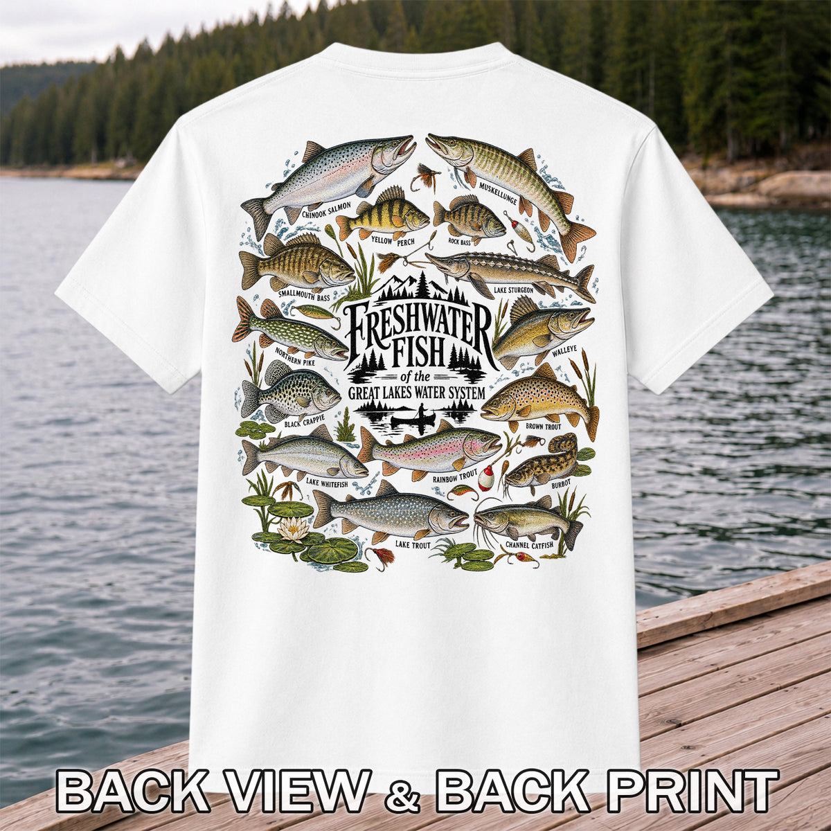 Freshwater Fish of the Great Lakes Water System Graphic T-Shirt | Back Print