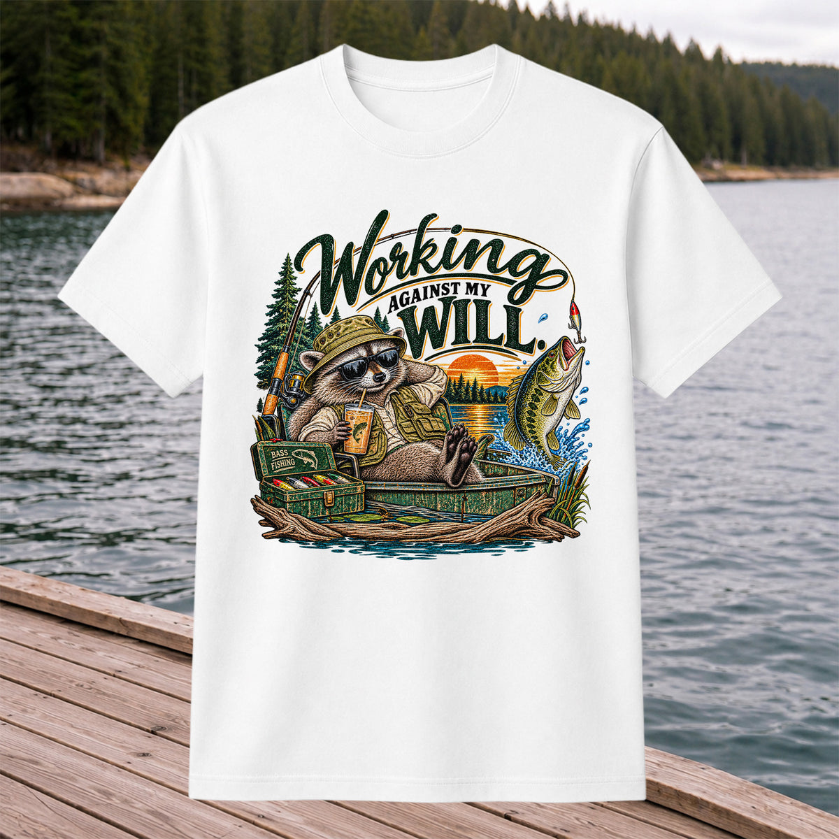Working Against My Will Raccoon Bass Fishing T-Shirt