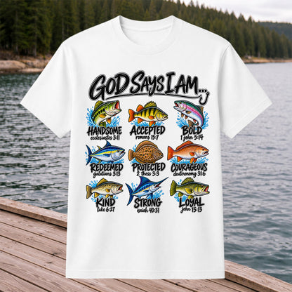 God Says I Am Christian Fish and Bible Verse Fishing Graphic T-Shirt