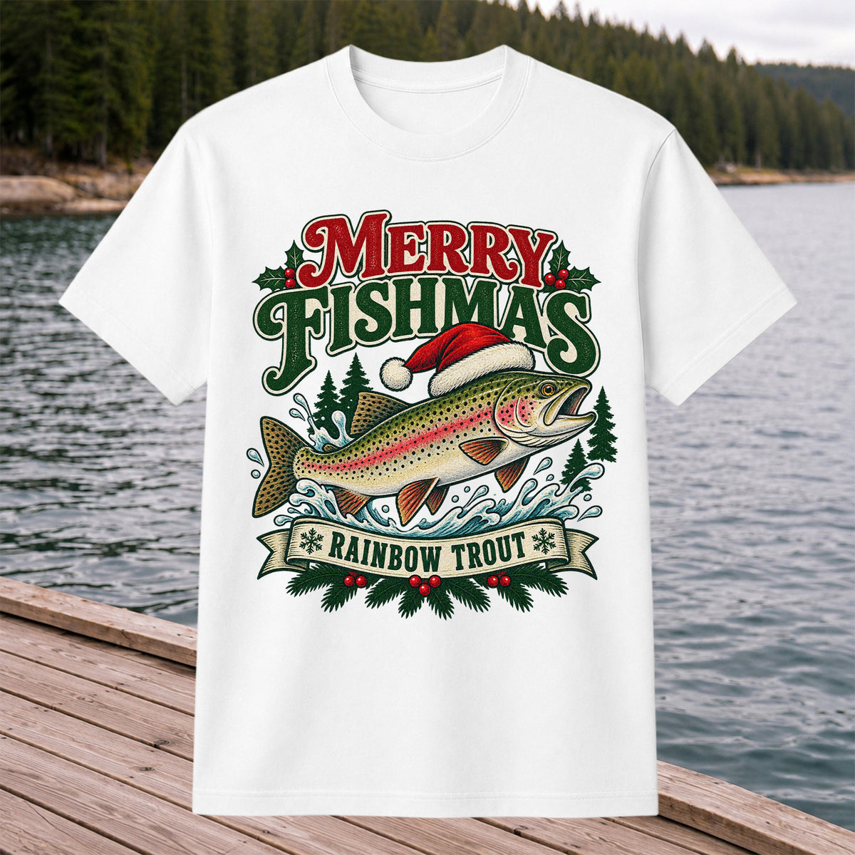 Merry Fishmas Rainbow Trout in Santa Hat Christmas Fishing T-Shirt