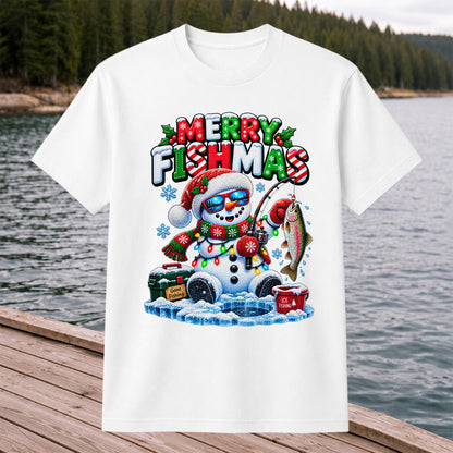 Merry Fishmas Gone Fishing Snowman and Rainbow Trout Ice Fishing Christmas T-Shirt
