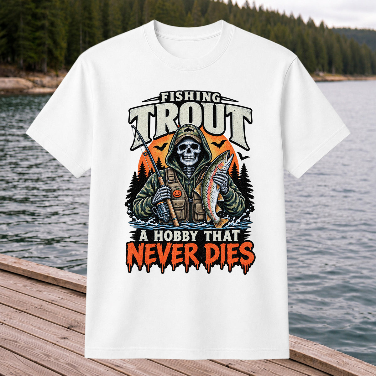 Fishing Trout A Hobby That Never Dies Skeleton Halloween T-Shirt
