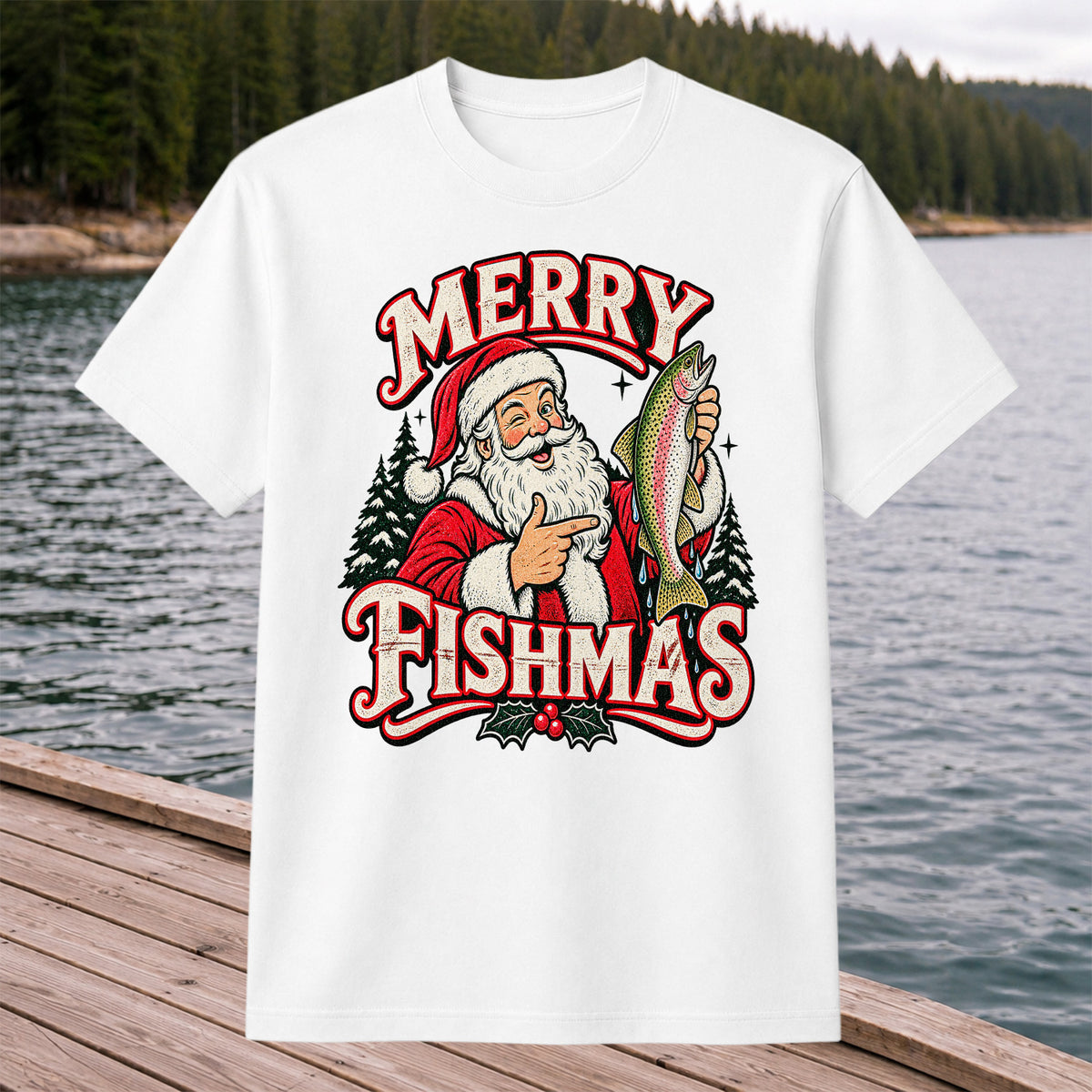 Merry Fishmas Santa Holding Rainbow Trout Christmas Fishing T-Shirt