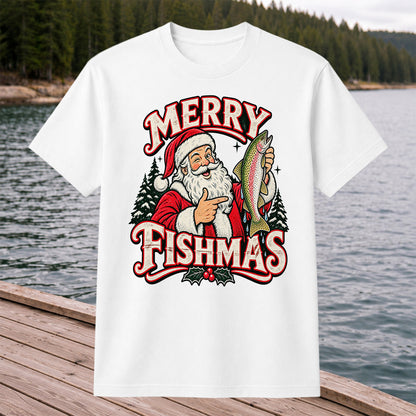 Merry Fishmas Santa Holding Rainbow Trout Christmas Fishing T-Shirt