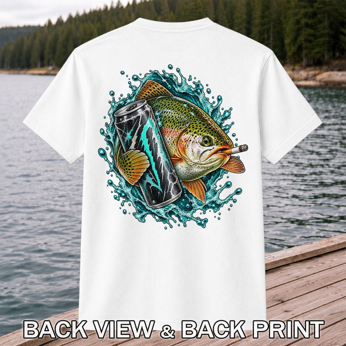 Rainbow Trout with Cigarette and Energy Drink Fishing T-Shirt | Back Print