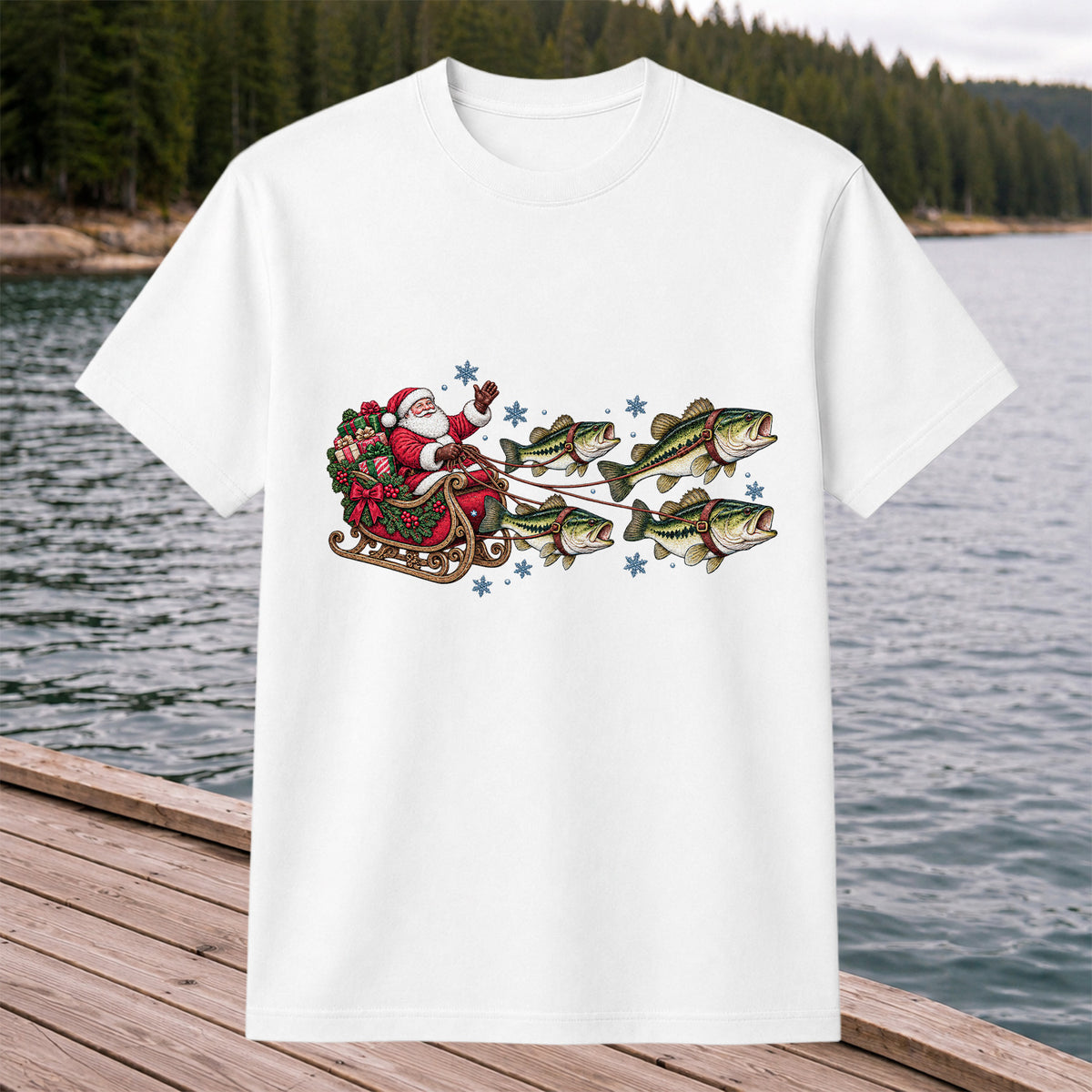 Santa in a Sleigh Pulled by Bass Christmas Fishing Graphic T-Shirt