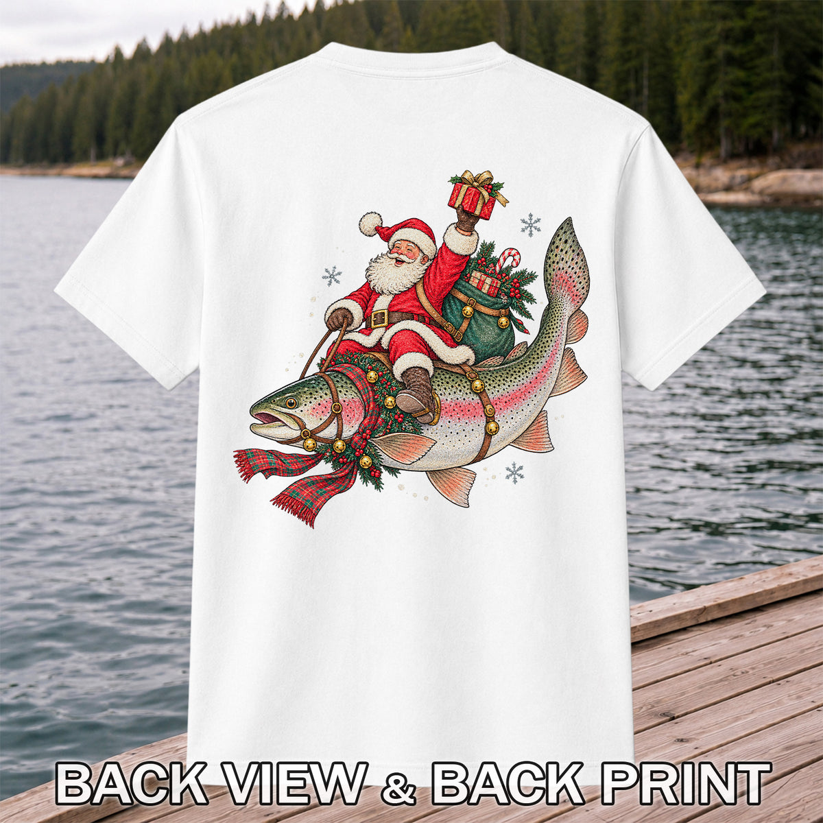 Santa Riding a Festive Rainbow Trout Christmas Fishing Graphic T-Shirt | Back Print