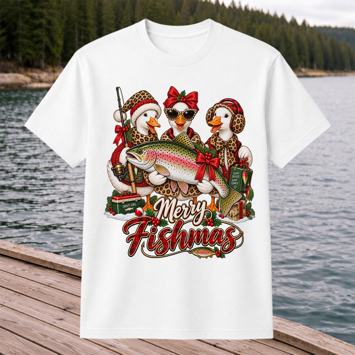 Merry Fishmas Christmas Ducks with Rainbow Trout Fishing T-Shirt