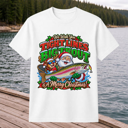 We Wish You Tight Lines Big Trout & a Merry Christmas Santa and Reindeer Fishing T-Shirt