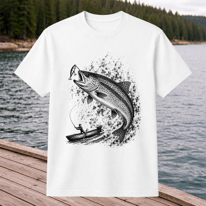 Leaping Trout Striking Lure from Fishing Boat Graphic T-Shirt