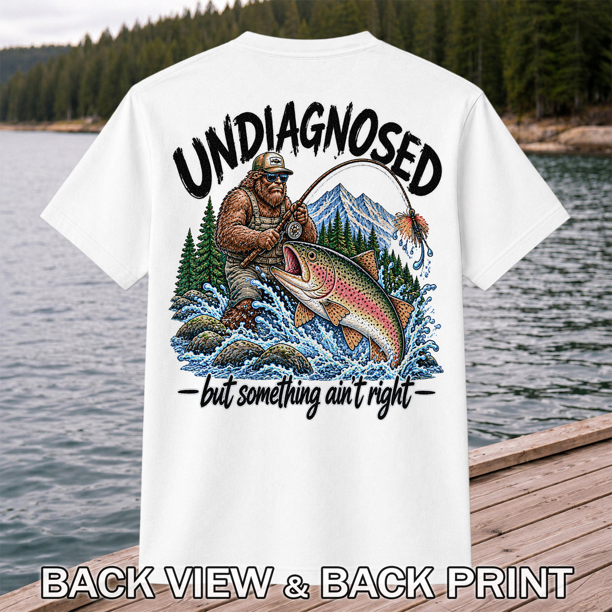 Undiagnosed But Something Ain't Right Bigfoot Trout Fishing T-Shirt | Back Print