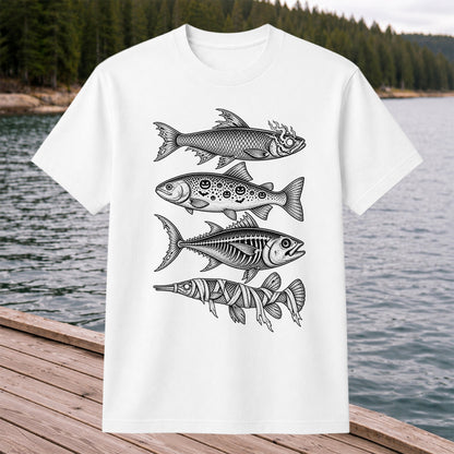Halloween Zombie Pumpkin Skeleton and Mummy Fish Graphic T-Shirt