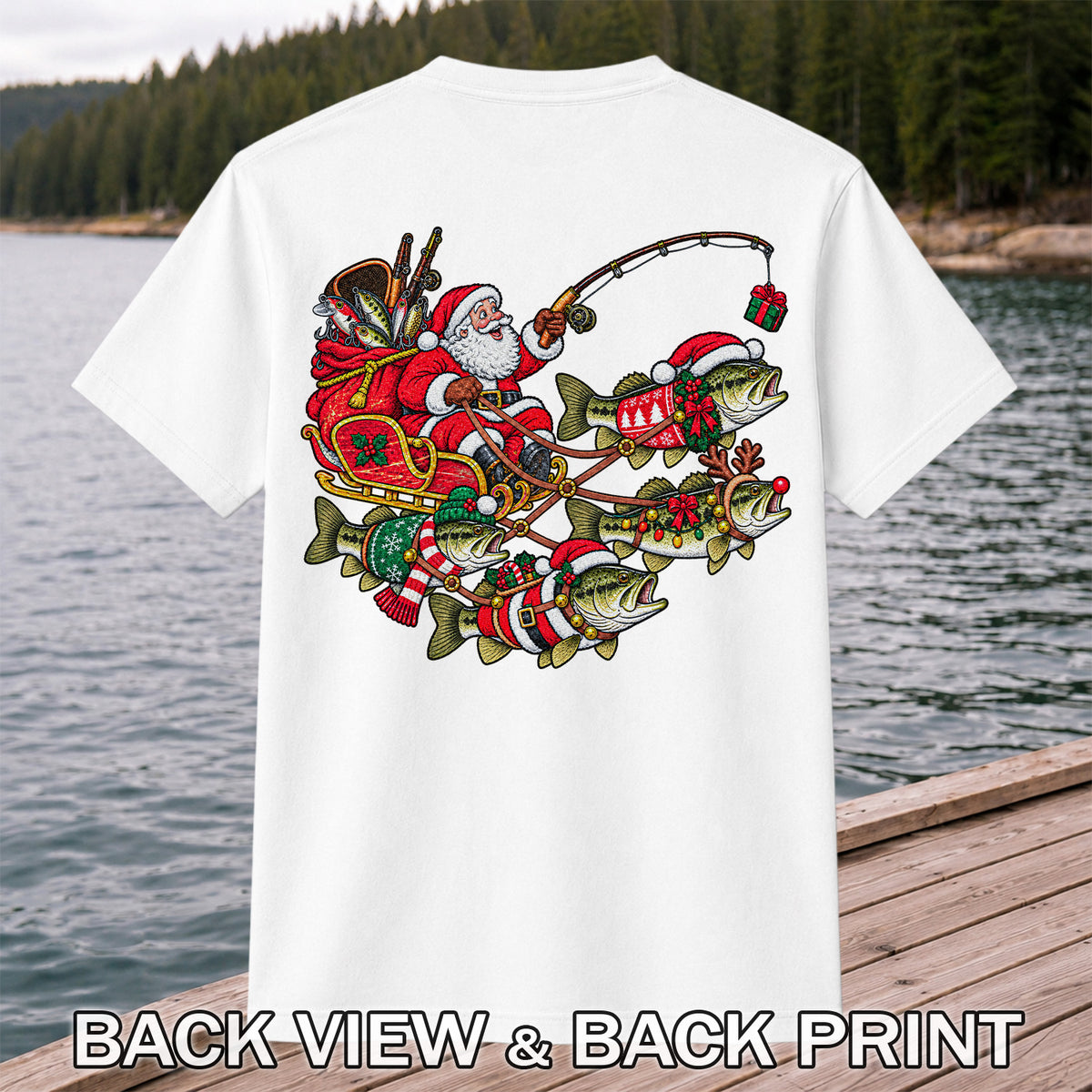 Santa Pulling Festive Bass Fishing Graphic T-Shirt | Back Print