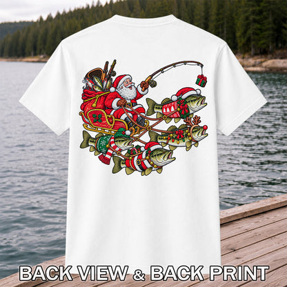 Santa Pulling Festive Bass Fishing Graphic T-Shirt | Back Print