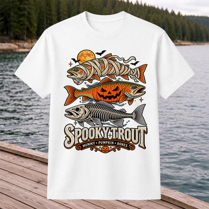 Spooky Trout Mummy Pumpkin Bones Halloween Fishing T-Shirt