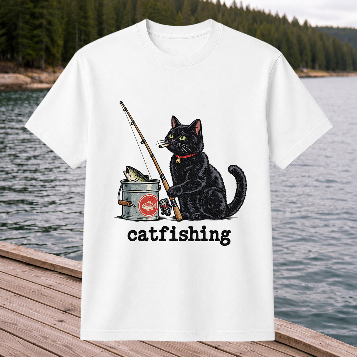 Catfishing Funny Black Cat with Fishing Rod Graphic T-Shirt