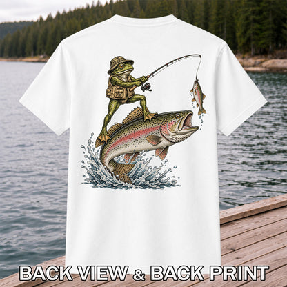 Frog Angler Riding a Rainbow Trout Fishing Graphic T-Shirt | Back Print