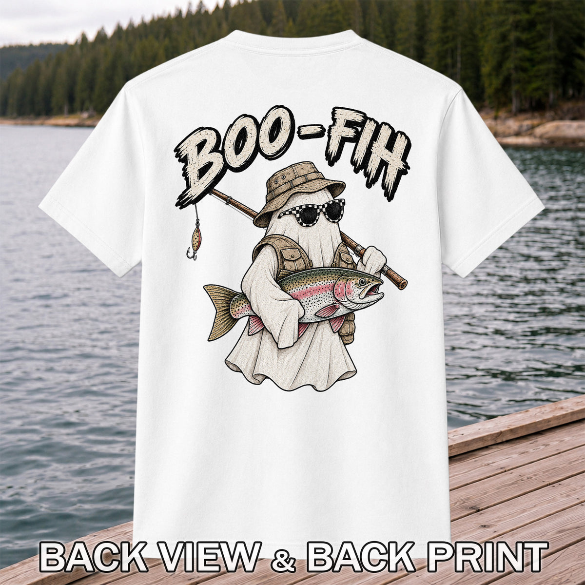 Boo-Fih Ghost Holding Rainbow Trout Halloween Fishing T-Shirt | Back Print