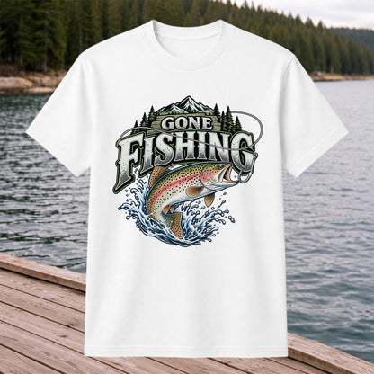 Gone Fishing Rainbow Trout and Mountains Graphic T-Shirt
