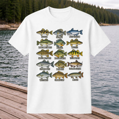 Bass Crappie and Catfish Freshwater Fish Chart Graphic T-Shirt