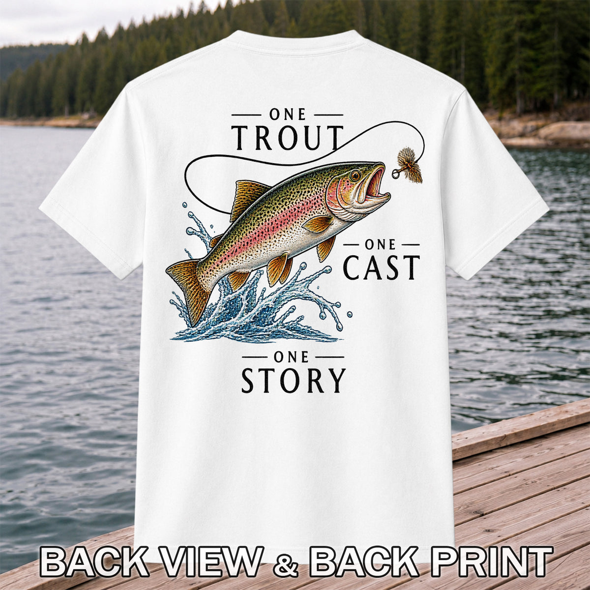 One Trout One Cast One Story Rainbow Trout Fly Fishing T-Shirt | Back Print
