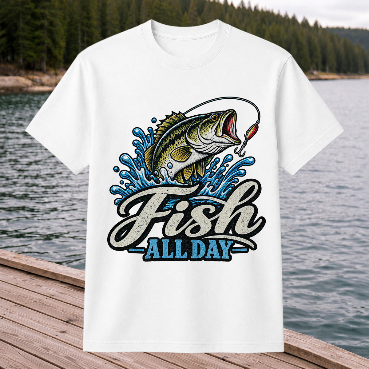 Fish All Day Jumping Bass Fishing Graphic T-Shirt
