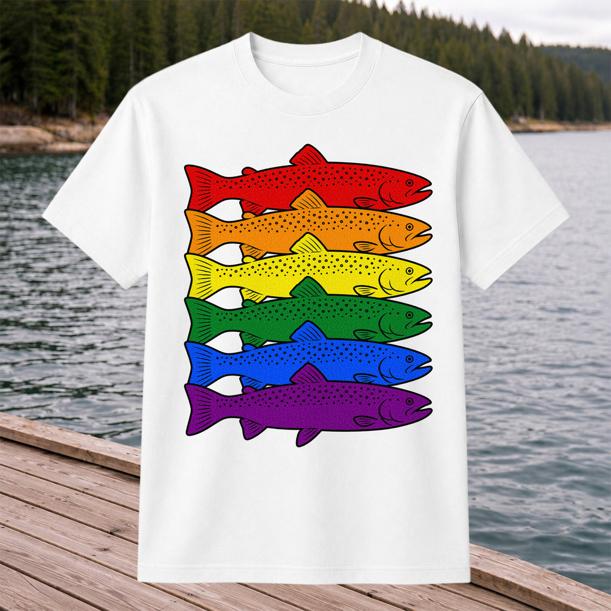 Rainbow Colored Trout Stack Fishing Graphic T-Shirt