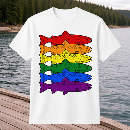 Rainbow Colored Trout Stack Fishing Graphic T-Shirt