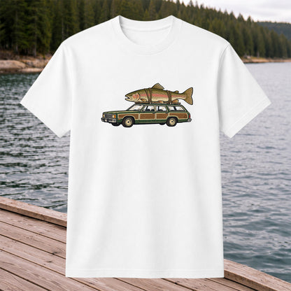 Vintage Station Wagon Carrying Rainbow Trout Fishing T-Shirt