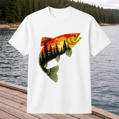 Sunset Forest Trout Fishing Graphic T-Shirt