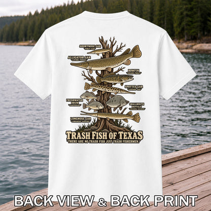 Trash Fish of Texas Gar and Freshwater Fish Graphic T-Shirt | Back Print