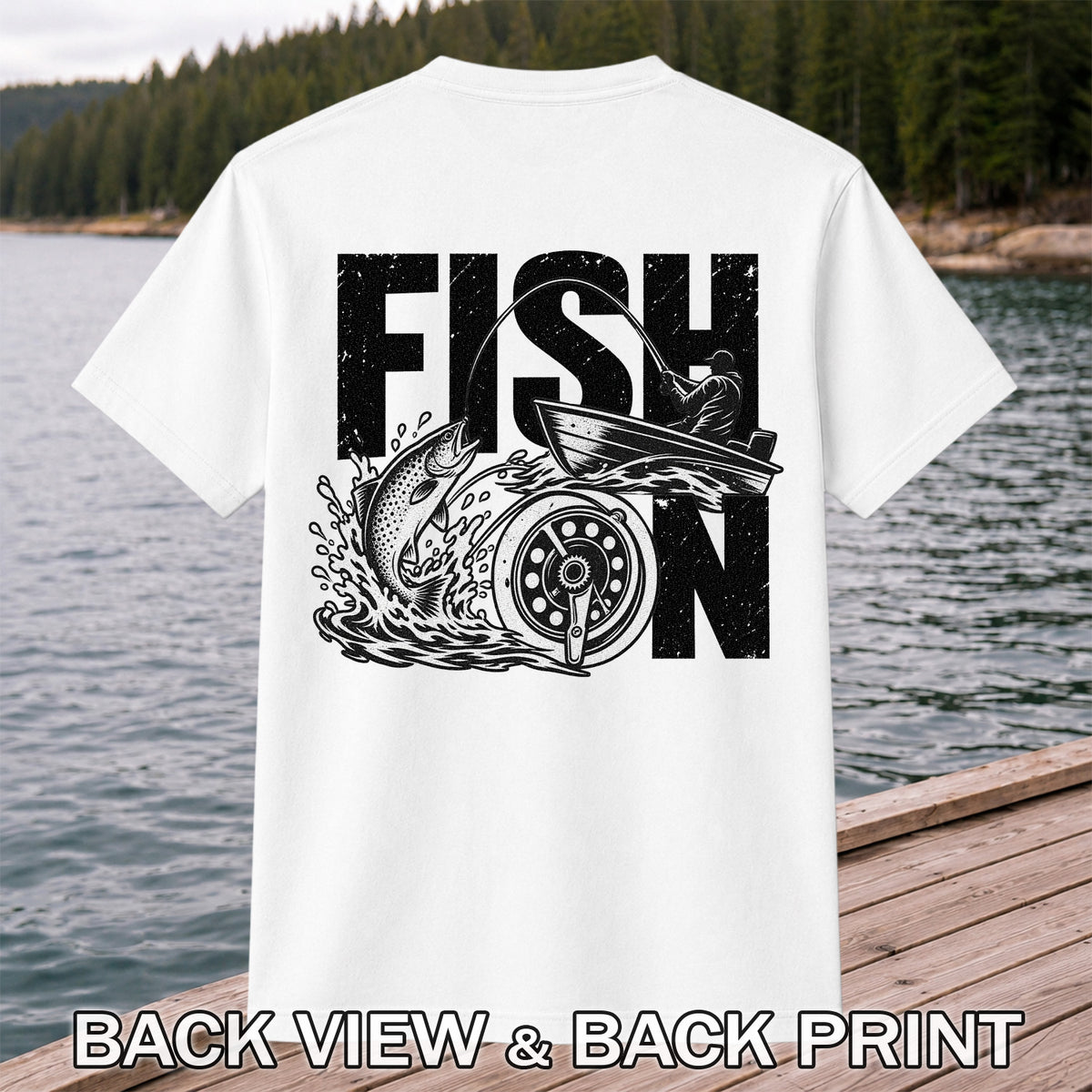 Fish On Jumping Trout and Fishing Boat Graphic T-Shirt | Back Print
