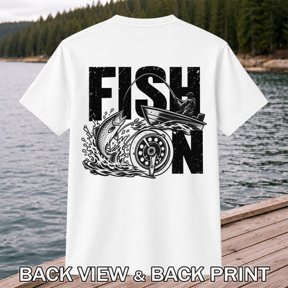Fish On Jumping Trout and Fishing Boat Graphic T-Shirt | Back Print