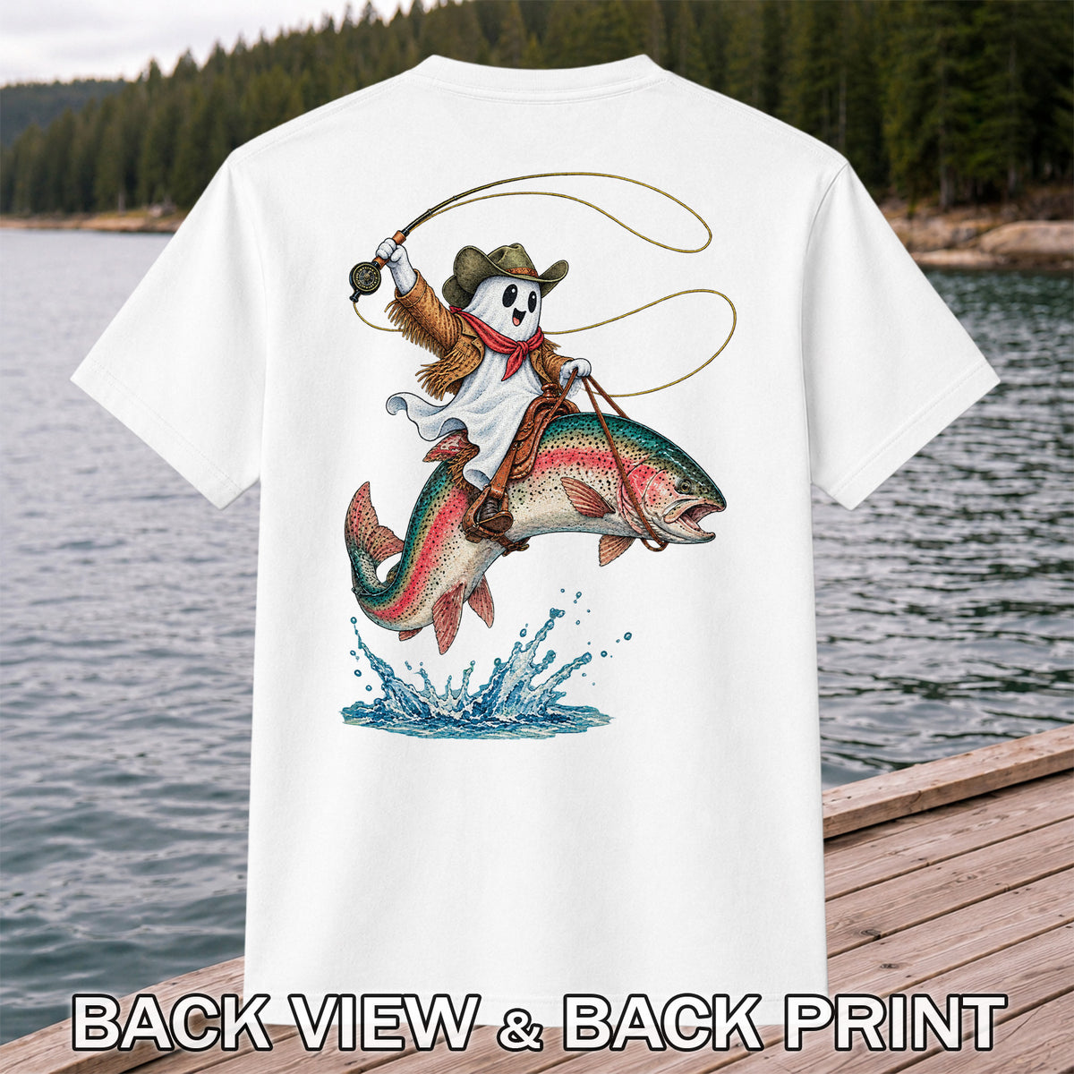 Ghost Cowboy Riding a Rainbow Trout Halloween Fishing T-Shirt | Back Print