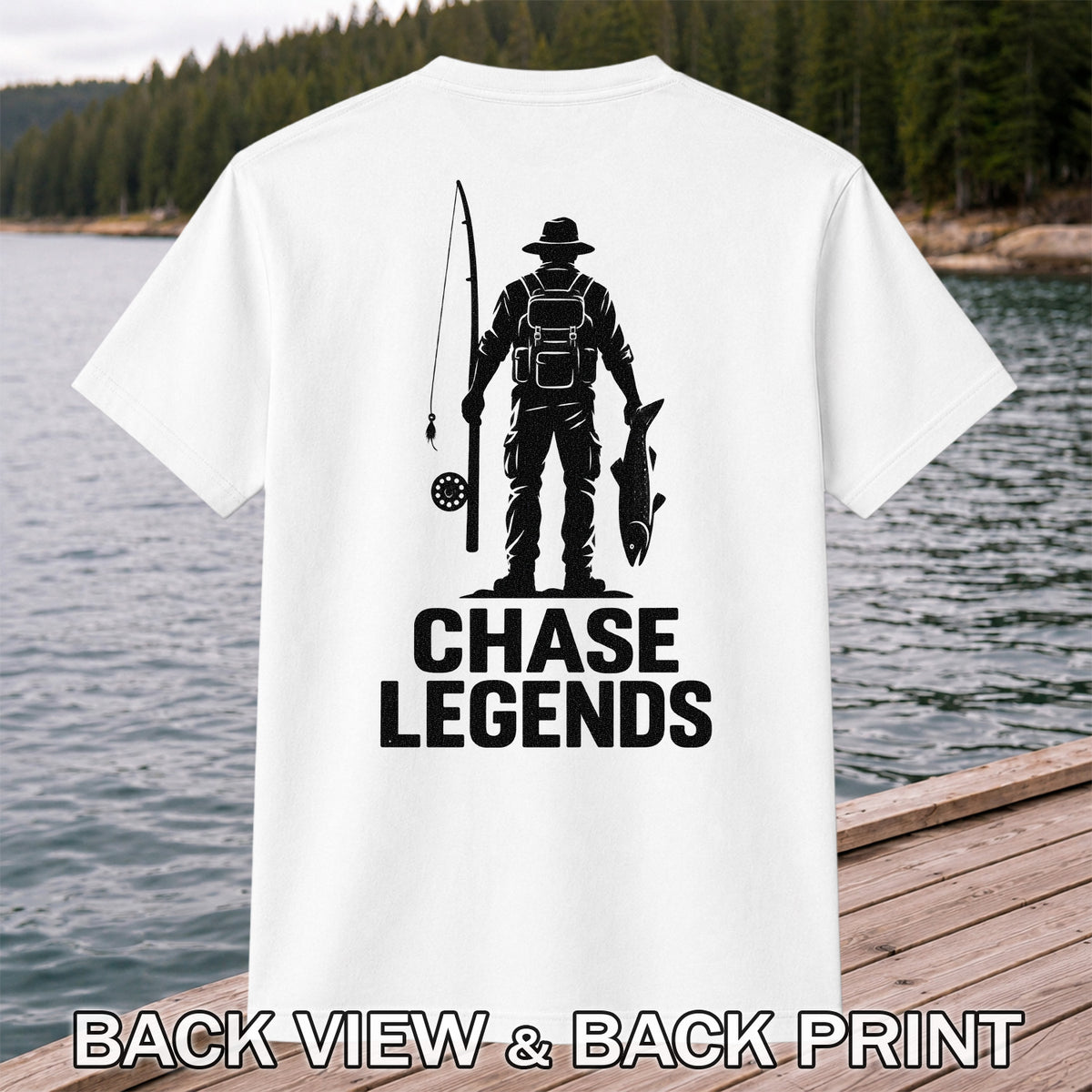 Chase Legends Fly Fishing Angler Silhouette Graphic T-Shirt | Back Print