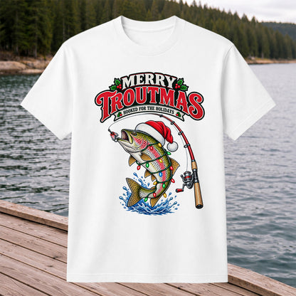 Merry Troutmas Hooked for the Holidays Rainbow Trout Christmas Fishing T-Shirt
