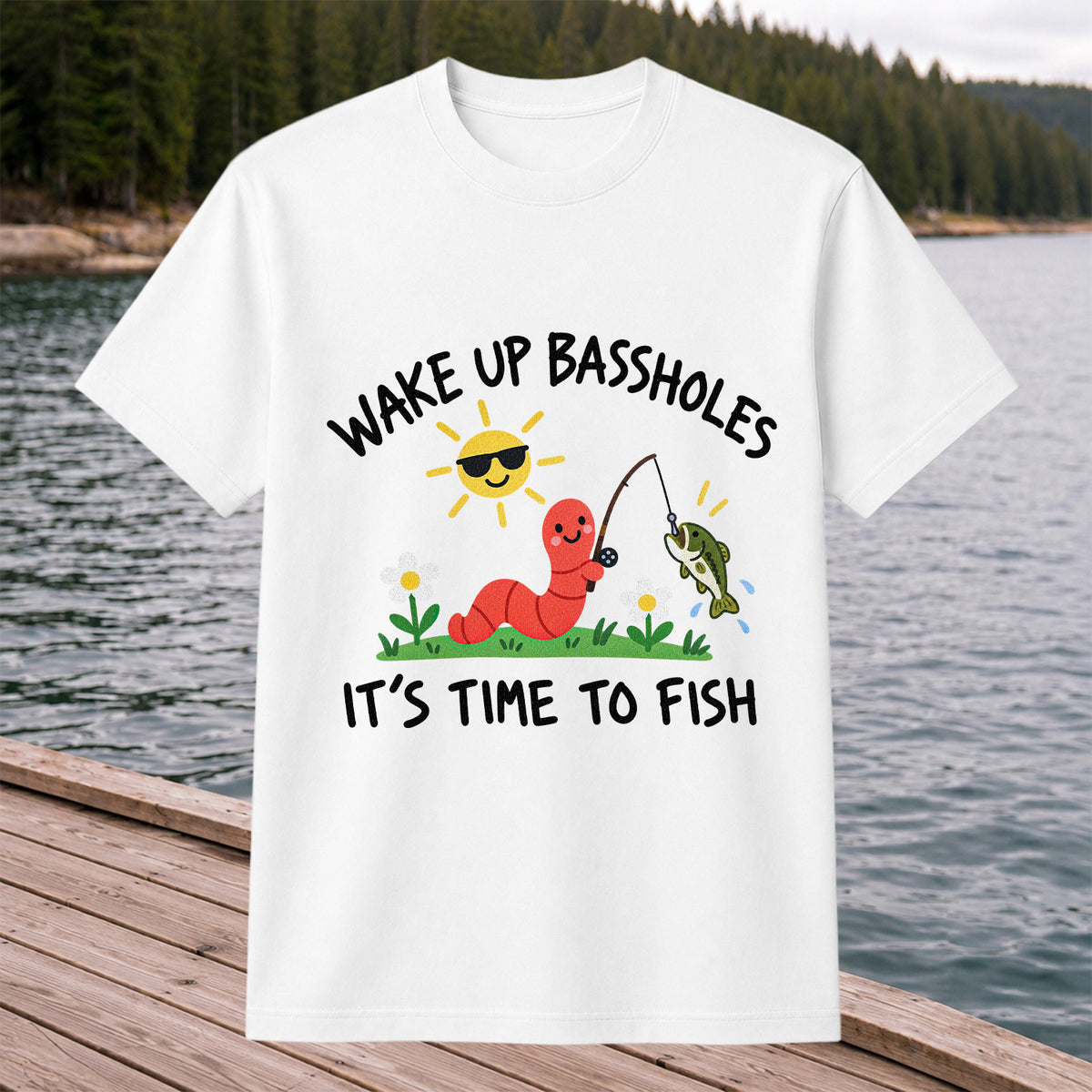 Wake Up Bassholes Funny Worm and Bass Fishing Graphic T-Shirt