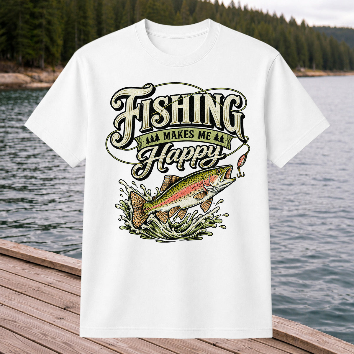 Fishing Makes Me Happy Rainbow Trout Vintage Graphic T-Shirt