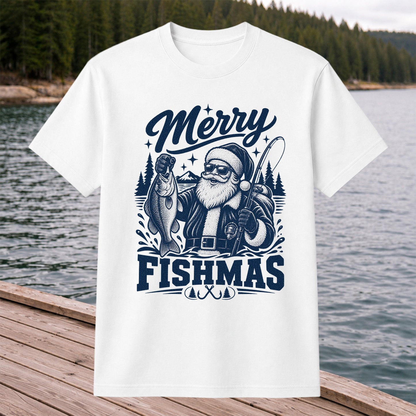 Merry Fishmas Santa Fishing Christmas Graphic T-Shirt