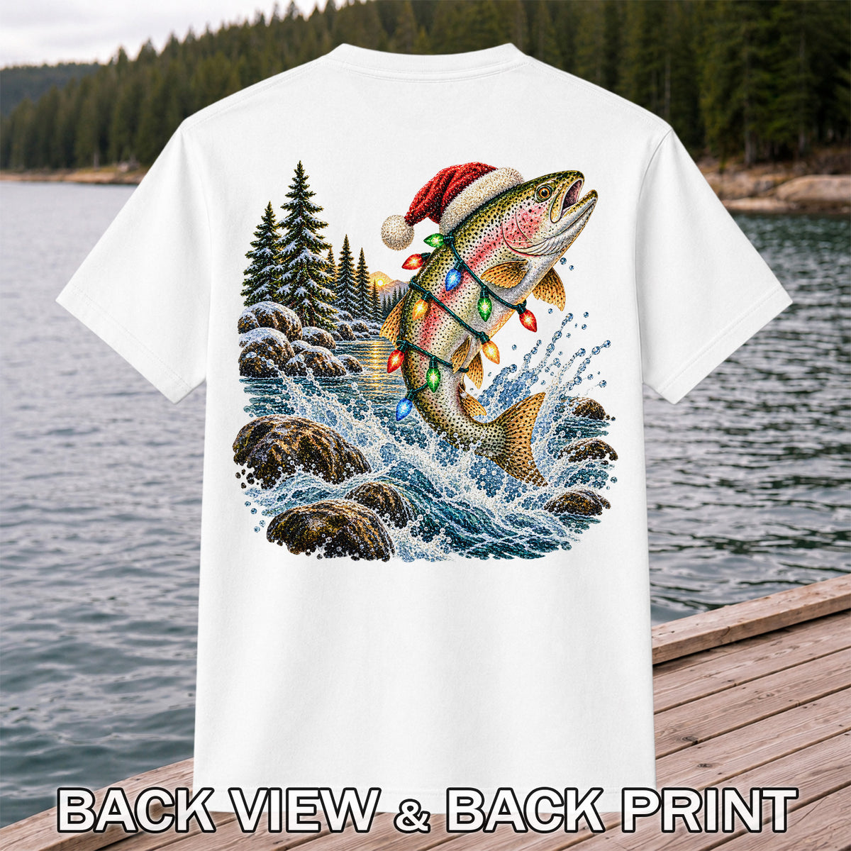 Santa Hat Rainbow Trout Christmas Fishing Graphic T-Shirt | Back Print